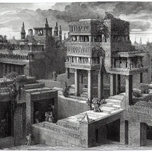 Prompt: the hanging gardens of babylon, gustave dore lithography