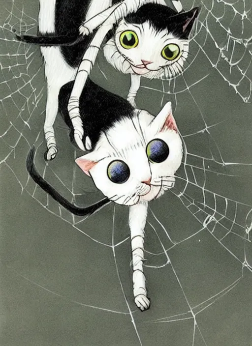 Image similar to a cat with spider legs and spider eyes, walking towards camera, highly detailed, by junji ito.