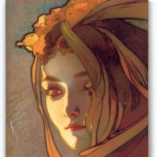 Image similar to woman's sideface, beautiful background, by alfons maria mucha, highly detailded