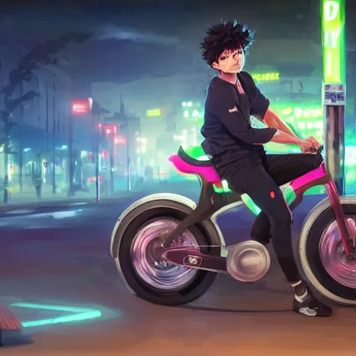 Image similar to realistic Izuku Midoriya riding a neon electric bike, Greg Rutkowski