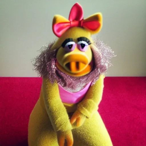 Image similar to miss piggy Muppet sitting on a chair