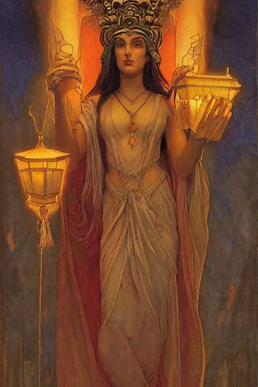 Image similar to goddess of the new city with her lantern, by Annie Swynnerton and Nicholas Roerich and jean delville, dramatic cinematic lighting , ornate headdress , flowing robes, lost civilizations, extremely detailed