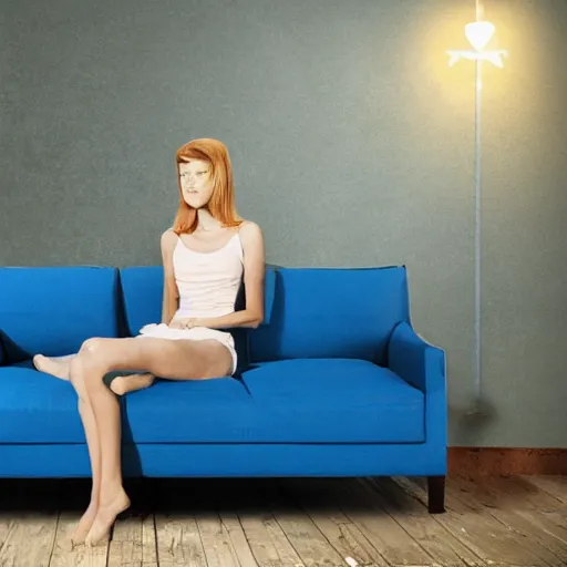 Image similar to slim australian woman with short attention span sitting on blue sofa. fantasy art.