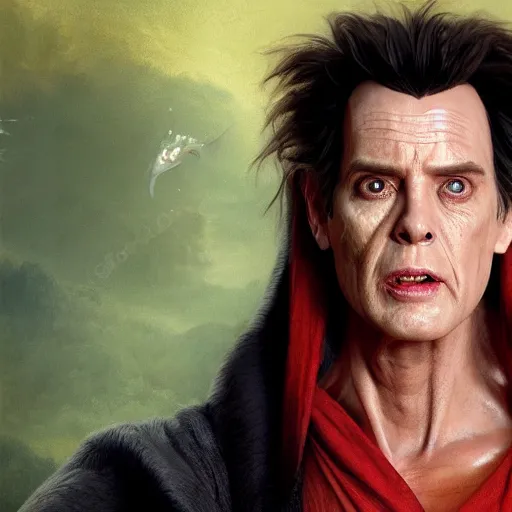 Image similar to hyperrealistic image of ace ventura as ( ( ( emperor palpatine ) ) ), stunning 3 d render, inspired by istvan sandorfi & greg rutkowski & unreal engine, perfect symmetry, dim volumetric cinematic lighting, 8 k octane comprehensive render, extremely hyper - detailed, incredibly lifelike attributes, intricate, real flesh texture, masterpiece, artstation, stunning,