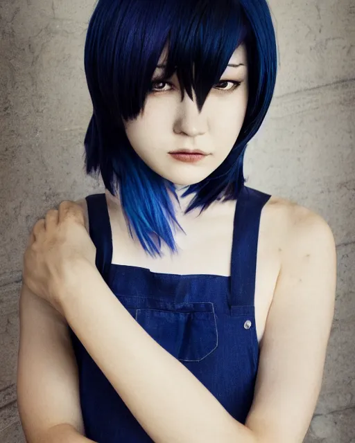 Prompt: touka kirishima from tokyo ghoul as a barista behind the counter, dark blue hair, modern fashion, half body shot, photo by greg rutkowski, female beauty, f / 2 0, symmetrical face, warm colors, natural indoor lighting, depth of field