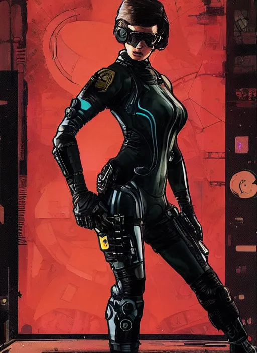 Image similar to cyberpunk blackops spy. catsuit. portrait by ashley wood and alphonse mucha and laurie greasley and josan gonzalez and james gurney. spliner cell, apex legends, rb 6 s, hl 2, d & d, cyberpunk 2 0 7 7. realistic face. dystopian setting.