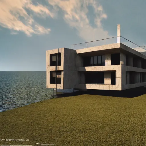 Image similar to brutalist villa on edge of a lake, antoni gaudi and le corbusier, photorealistic, cinematic, volume light, rendered in octane, artstation