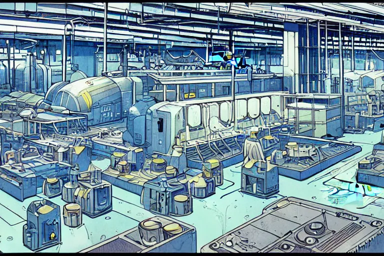 Image similar to a scifi illustration, factory interior. seen from above. vats of fluid. flat colors, limited palette in FANTASTIC PLANET La planète sauvage animation by René Laloux