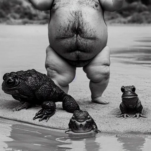 Image similar to dramatic photo of a fat tiny midget man in a swimsuit holding and licking the worlds largest toad