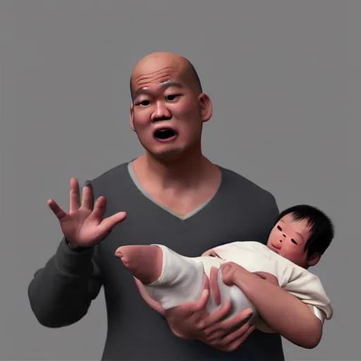 Image similar to shocked asian man cannot believe his eyes that he is holding a baby shaquille o ’ neal at hospital, award winning art, pixar, 3 d render, confusion, unreal engine