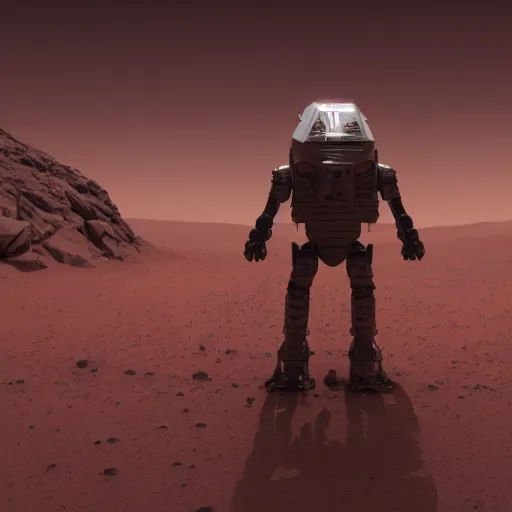 Image similar to a mech walking in the surface of mars ,octane render, trending on artstation,8k , cinematic lighting