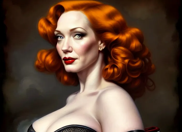 Image similar to portrait shot of christina hendricks during ww 2 wearing a corset, clothed, intricate, elegant, highly detailed, centered, digital painting, artstation, concept art, smooth, sharp focus, illustration, artgerm, tomasz alen kopera, peter mohrbacher, donato giancola, joseph christian leyendecker, wlop, boris vallejo