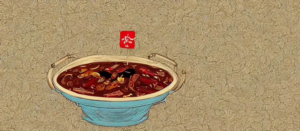 Prompt: a beautiful simple 4 k hd wall paper illustration of roasted string hotpot, wallpaper design, simple style, marketing kebab hotpot wallpaper display, wall painting, from china, with merchant logo, simple structure, surrealistic, chinese style, victo ngai, james jean