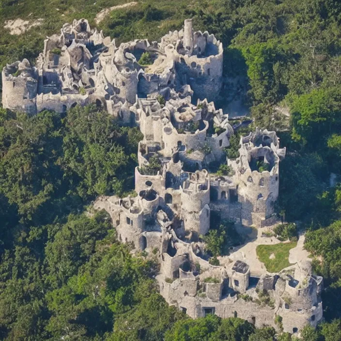 Image similar to aerial view of a punisher fortress from above on a hill by the ocean. castle shaped shaped exactly like the punisher symbol detailed