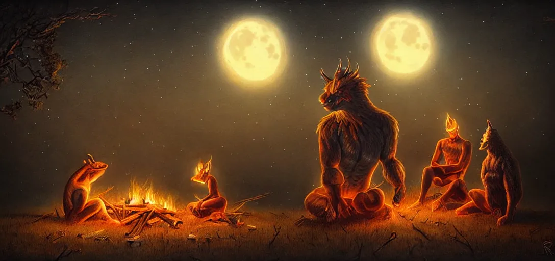 Image similar to strange mythical beasts of sitting around a fire under a full moon, surreal dark uncanny painting by ronny khalil