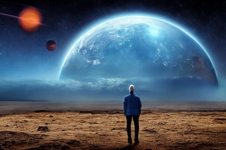 Image similar to a blue alien, faceless, standing on the planet looking at Armageddon, the background is cosmic, high quality