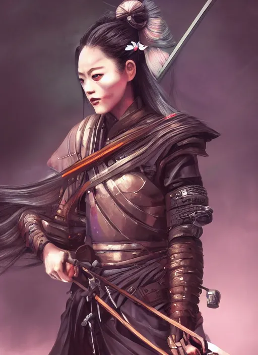 Prompt: samurai girl with katana in future dystopia, fantasy, medieval, vivid colors, fantasy, elegant, concept art, sharp focus, beautiful face, digital art, Hyper-realistic, 4K, unreal Engine, Highly Detailed, HD, Dramatic Lighting by Brom, trending on Artstation