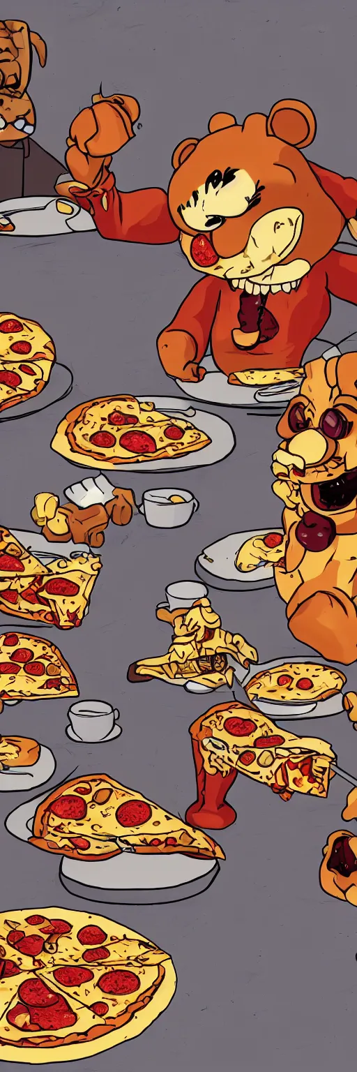 Image similar to freddy fazbear eats pizza at the same table with rock johnson, realistic photo
