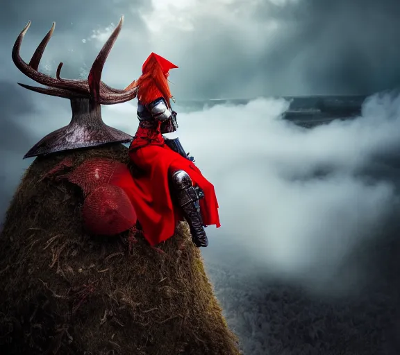 Image similar to a portrait photo of an armored woman warrior redhead with antlers sitting on the edge of a giant red cap mushroom that covers a whole town and reaches above the clouds by luis royo. intricate. lifelike. soft light. sony a 7 r iv 5 5 mm. cinematic post - processing