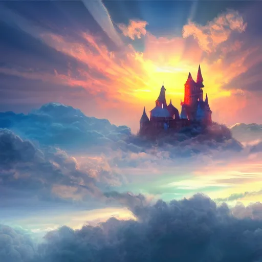 Prompt: a magical castle on the clouds, sunset, epic, trendy on artstation, 4 k