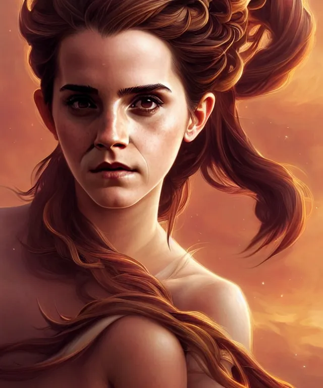 Image similar to Emma Watson as a monkey king, sci-fi, amber eyes, face, long hair, fantasy, intricate, elegant, highly detailed, digital painting, artstation, concept art, smooth, sharp focus, illustration, art by artgerm and greg rutkowski and alphonse mucha