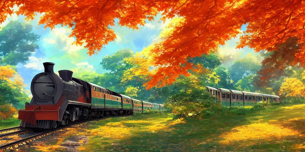 Image similar to A beautiful illustration of beautiful Hogwarts train, autumn, leaves, trees, steam, wide angle, by makoto shinkai, Wu daozi, very detailed, deviantart, 8k, wallpaper, tropical, colorful, airy, anime illustration, anime nature wallpap