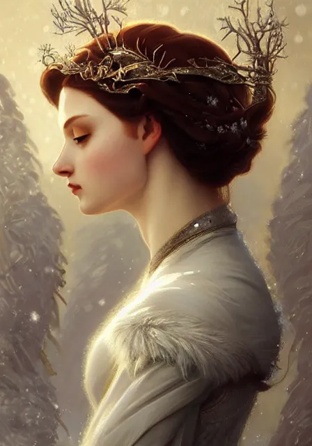 Image similar to sansa snow queen, intricate, elegant, highly detailed, digital painting, artstation, concept art, smooth, sharp focus, illustration, art by artgerm and greg rutkowski and alphonse mucha and william - adolphe bouguereau