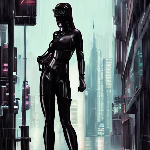Prompt: female spy in black tights waiting on a cyberpunk street in heavy rain,artstation