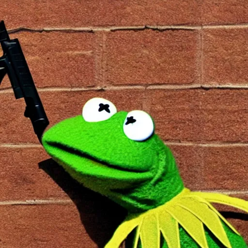 Prompt: Kermit the frog wielding a gun, robbing a muppets bank