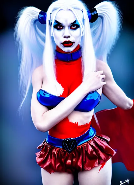 Prompt: photo of kerli koiv as harley quinn in the style of stefan kostic, realistic, half body shot, sharp focus, 8 k high definition, insanely detailed, intricate, elegant, art by stanley lau and artgerm, foggy backgeound