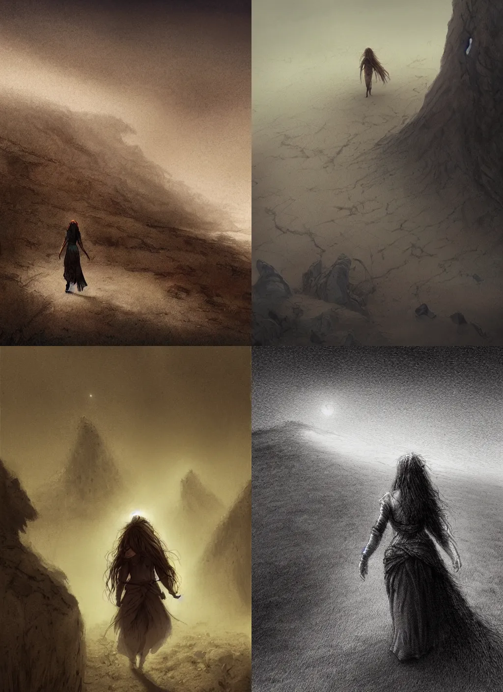 Prompt: a woman with long hairs walks towards a tavern in a barren landscape, in alan lee and marc simonetti and emil melmoth style , cinematic lighting