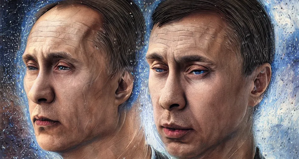 Prompt: hyperrealistic mixed media portrait of a melancholic Vladimir Putin forward angle, stunning 3d render inspired art by P. Craig Russell and Barry Windsor-Smith + perfect facial symmetry + dim volumetric lighting, 8k octane beautifully detailed render, post-processing, extremely hyperdetailed, intricate complexity, epic composition, grim yet sparkling atmosphere, cinematic lighting + masterpiece, trending on artstation