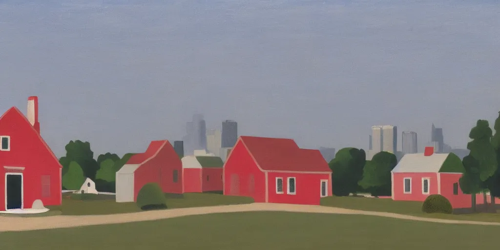 Image similar to In the foreground is a small red house, and in the background is the smoky NY City, George Ault painting style.