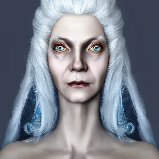 Image similar to a woman with white hair and blue eyes, a character portrait by Brian and Wendy Froud, trending on cg society, fantasy art, zbrush, airbrush art, digital painting
