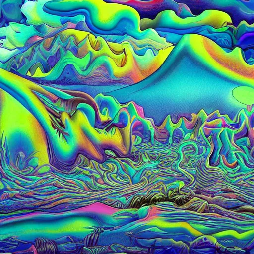 Image similar to bizarre surrealistic psychedelic landscape far view