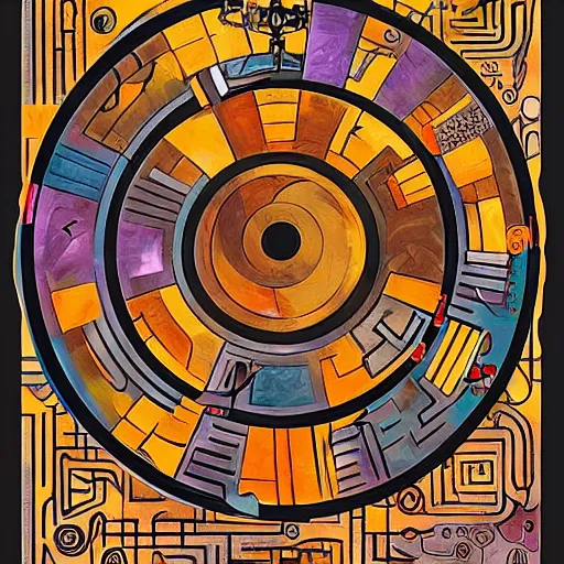 Prompt: maze labyrinth steampunk by albert gleizes and by hilma klint, hd, artstation, fluid colors