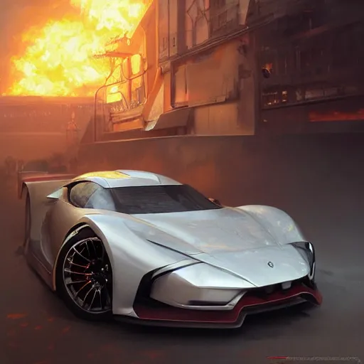 Image similar to ultra realistic illustration, a sportscar on fire, highly detailed, digital painting, artstation, concept art, smooth, sharp focus, illustration, art by artgerm and greg rutkowski and alphonse mucha