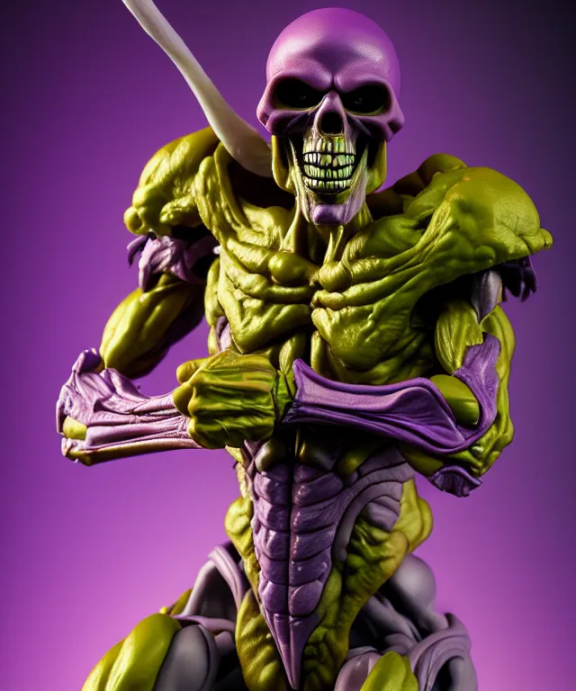 Image similar to hyperrealistic rendering, skeletor, by art of skinner and richard corben and jeff easley, product photography, action figure, sofubi, studio lighting, colored gels