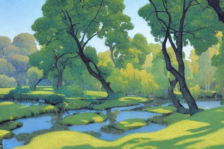 Prompt: masterpiece painting of cottonwood trees down by the creek at midday, by a. j. casson and john watkiss and edward okun and erin hanson and dan munford and maxfield parrish and j. c. leyendecker and giacomo balla