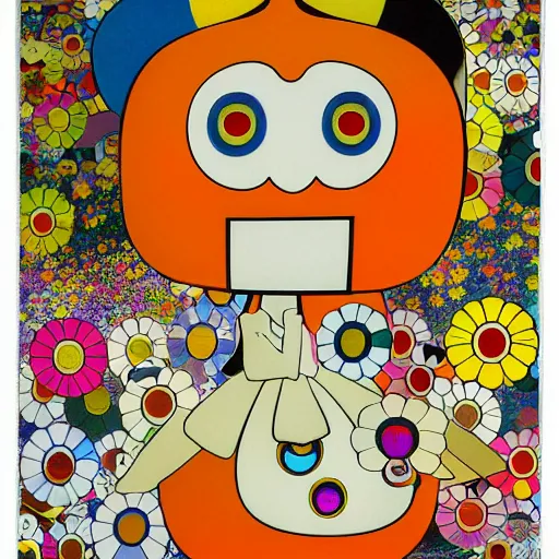 Image similar to by takashi murakami paper embossing, field of view forbidding. a collage of a young woman holding an orange