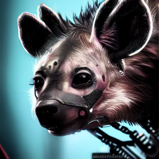 Image similar to cute baby hyena cyborg, cyberpunk 2 0 7 7 art, realistic, highly detailed