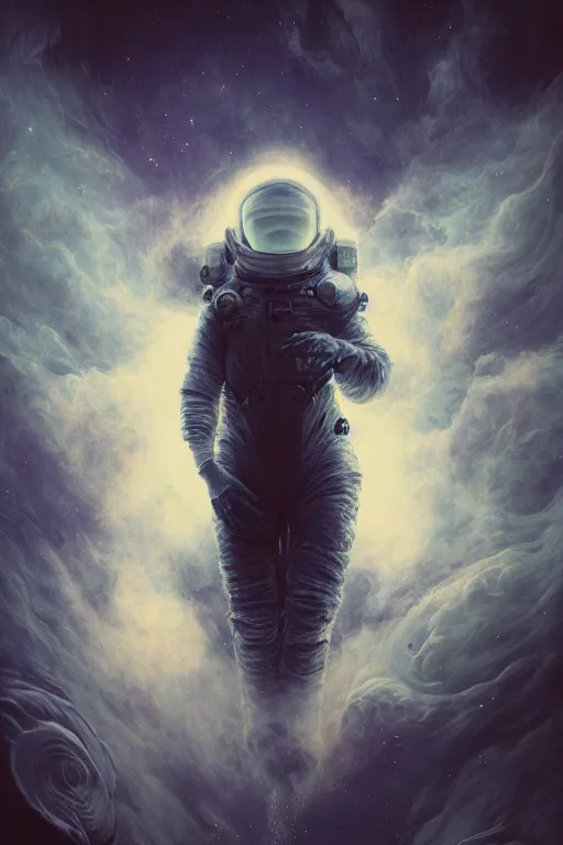 Prompt: close up shot of a full body floating woman in space suit smoke elemental fading into white smoke, high contrast, james gurney, peter mohrbacher, mike mignola, black paper, mandelbulb fractal, trending on artstation, exquisite detail perfect, large brush strokes, bold blacks and pinks and blues tones, intricate ink illustration, black background