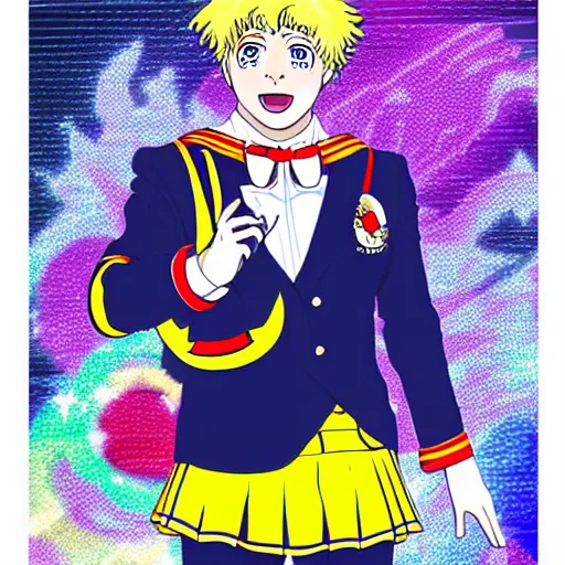 Prompt: boris johnson wearing a sailor moon costume in the style of sailor moon the anime, digital art, colourful, sparkly