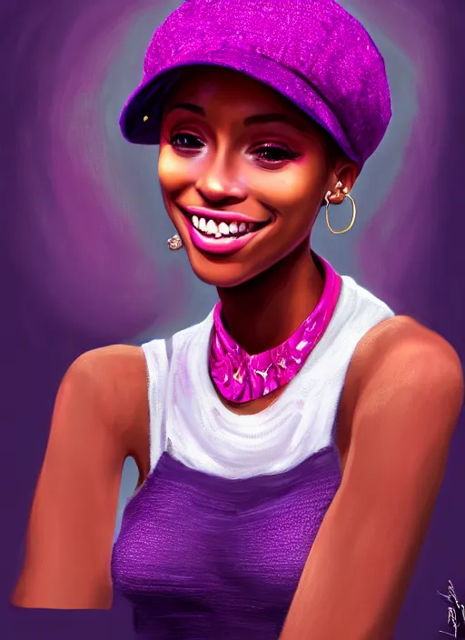 Image similar to portrait of young vanessa morgan with bright pink hair, black girl, vanessa morgan, curly pixie cut hair, wearing a purple newsboy cap, breton cap, confident smile, hoop earrings, intricate, elegant, glowing lights, highly detailed, digital painting, artstation, concept art, smooth, sharp focus, illustration, art by wlop, mars ravelo and greg rutkowski