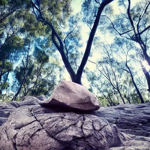 Image similar to Beautiful photo of a rock in an Australian forest, cut out of a quarry, blue sky, trees in the background, wallpaper, 4k, short exposure