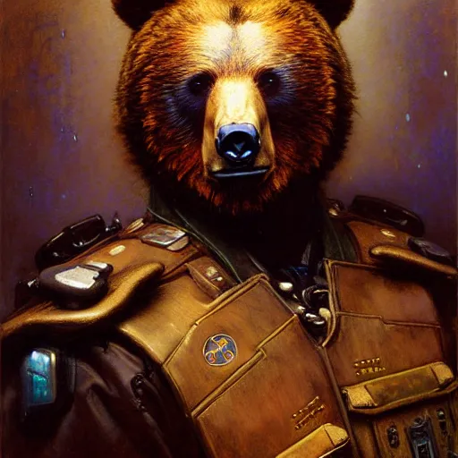 Image similar to portrait of a bear bearman in a police uniform. shadowrun furaffiniy cyberpunk fantasy highly detailed painting by gaston bussiere craig mullins jc leyendecker gustav klimt artgerm greg rutkowski john berkey, bergey, craig mullins, ruan jia, raymond swanland, jeremy mann, tom lovell, alex malveda