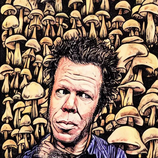 Image similar to tom waits in a world of mushrooms, by Stephen Bliss