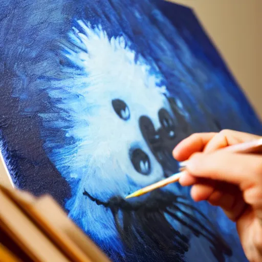 Image similar to a closeup photorealistic photograph of bob ross working on a canvas painting of cookie monster. film still. brightly lit scene. mountains and trees. this 4 k hd image is trending on artstation, featured on behance, well - rendered, extra crisp, features intricate detail, epic composition and the style of unreal engine.