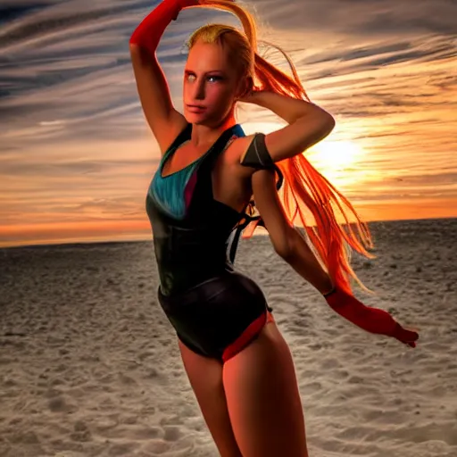 Image similar to photo of Cammy in real life, from Street Fighter, training at the beach, sunset, fine art photography