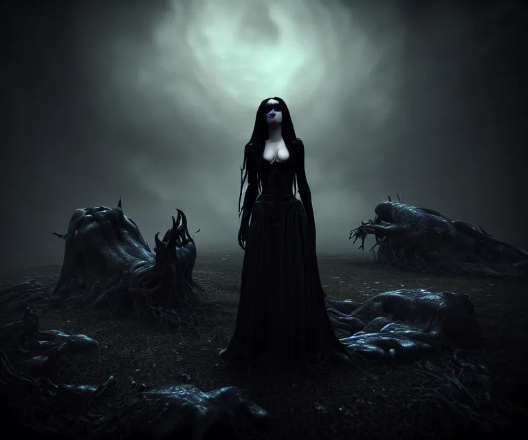 Image similar to stunning otherworldly gothic goddess of beauty, dark and mysterious, atmospheric, ominous, eerie, cinematic, epic, 8 k, 4 k, ultra detail, ultra realistic, rendered by awesomeness